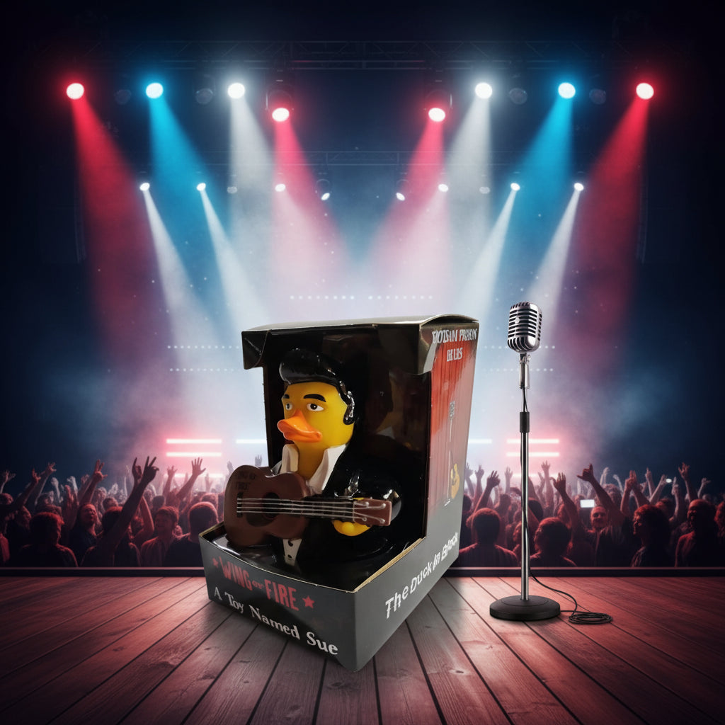 Gelbe gummiente wing of fire als musiker mit schwarzem anzug, kopfhörern und akustikgitarre von celebriducks
