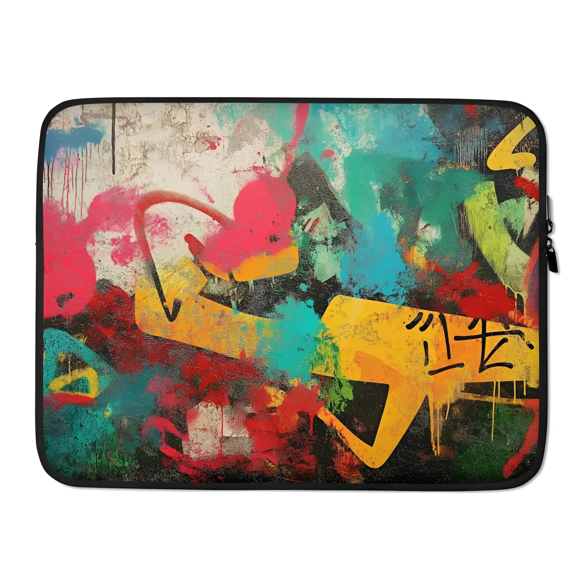 Bunte laptop-tasche mit graffiti-kunstdruck urban vibes in pink, gelb, teel und rot auf canvas-textur