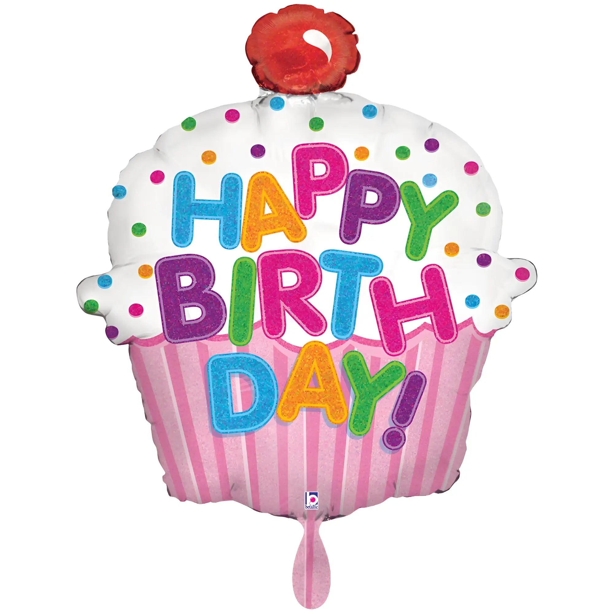 Xxl luftballon cupcake birthday aus buntem folie mit happy birthday schrift auf weißer glasur und rosa gestreifter hülle