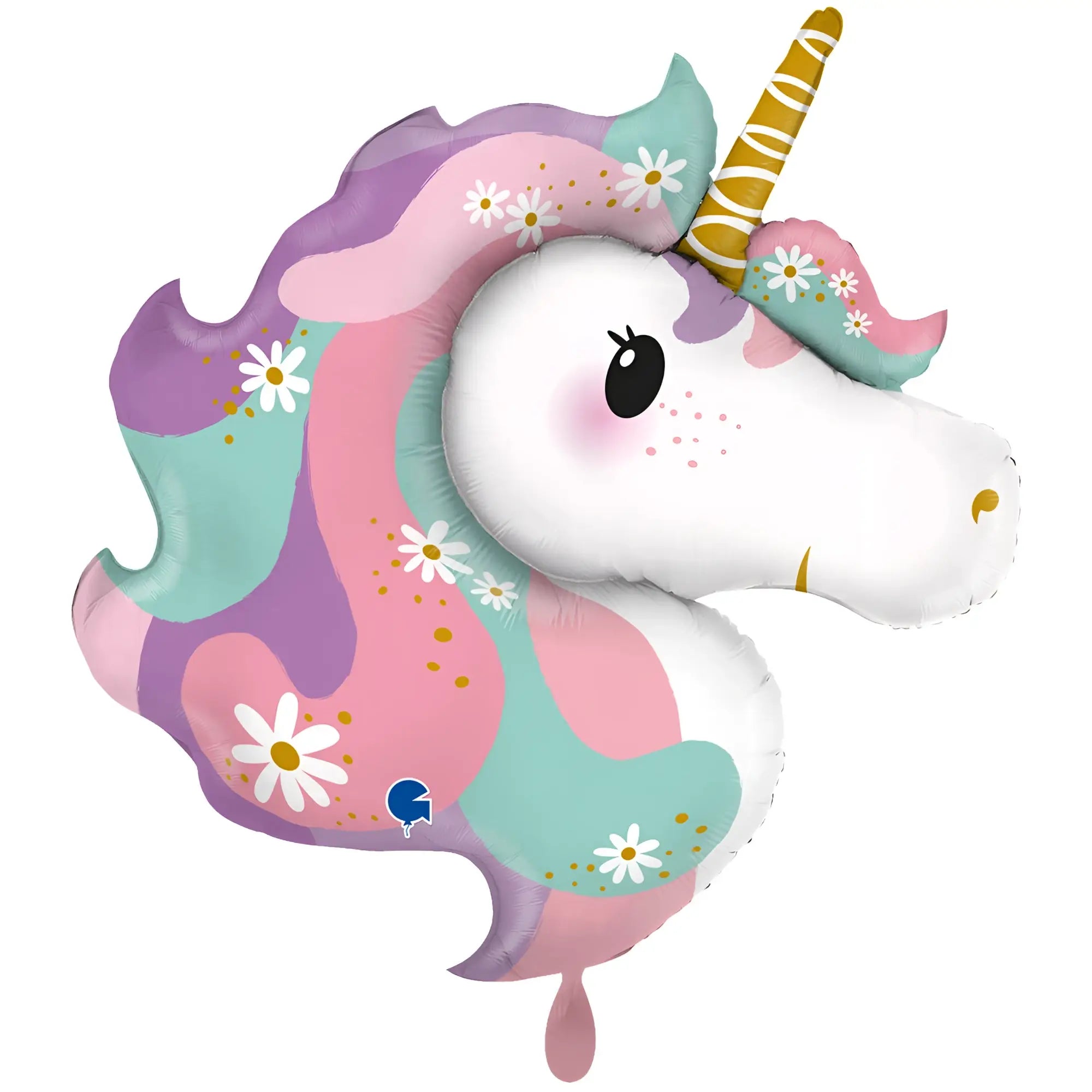 Xxl luftballon einhorn in pastellfarben mit gold gestreiftem horn und gänseblümchen für party oder geburtstag