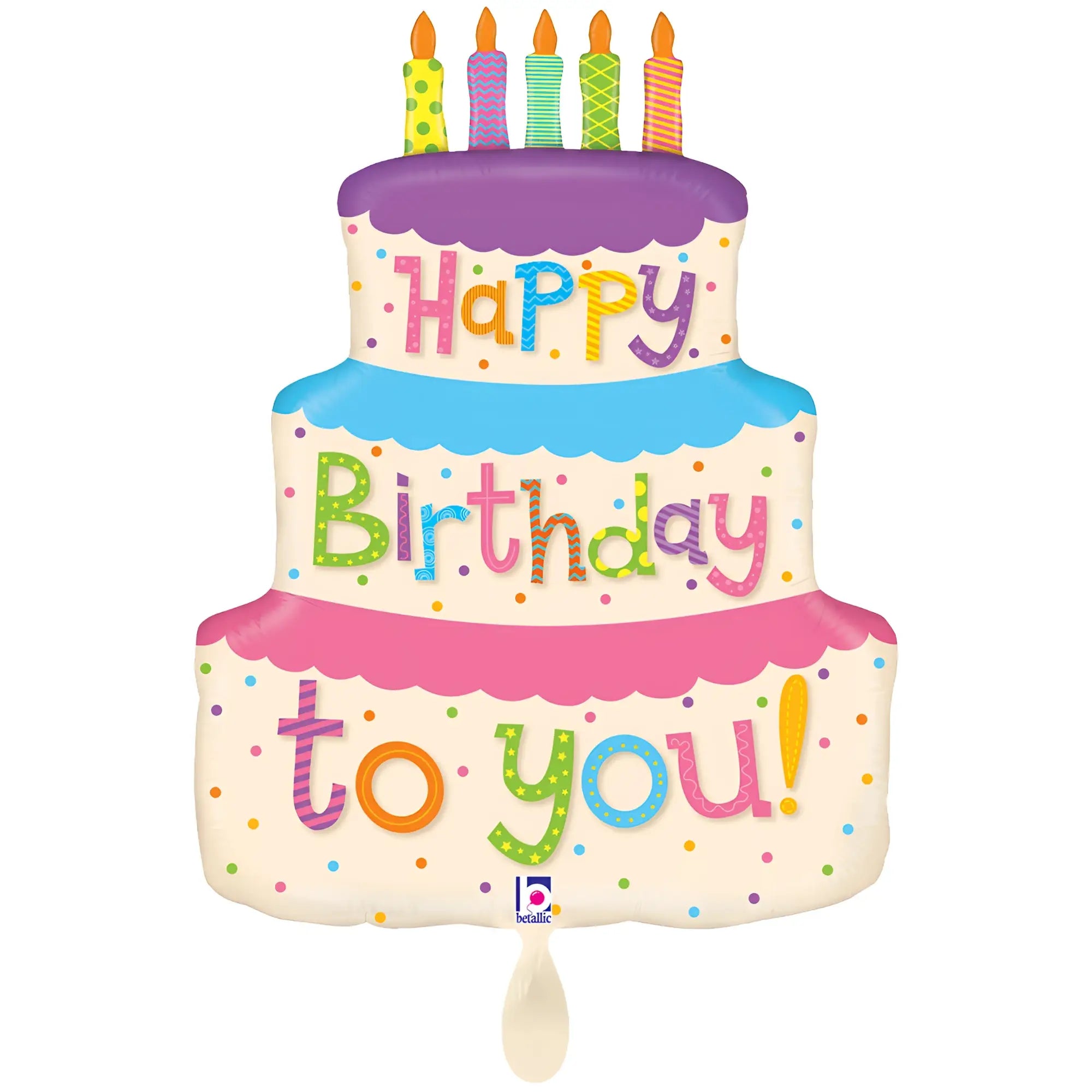 Xxl luftballon girly birthday cake in bunt mit lila blau pinken schichten und happy birthday to you schrift