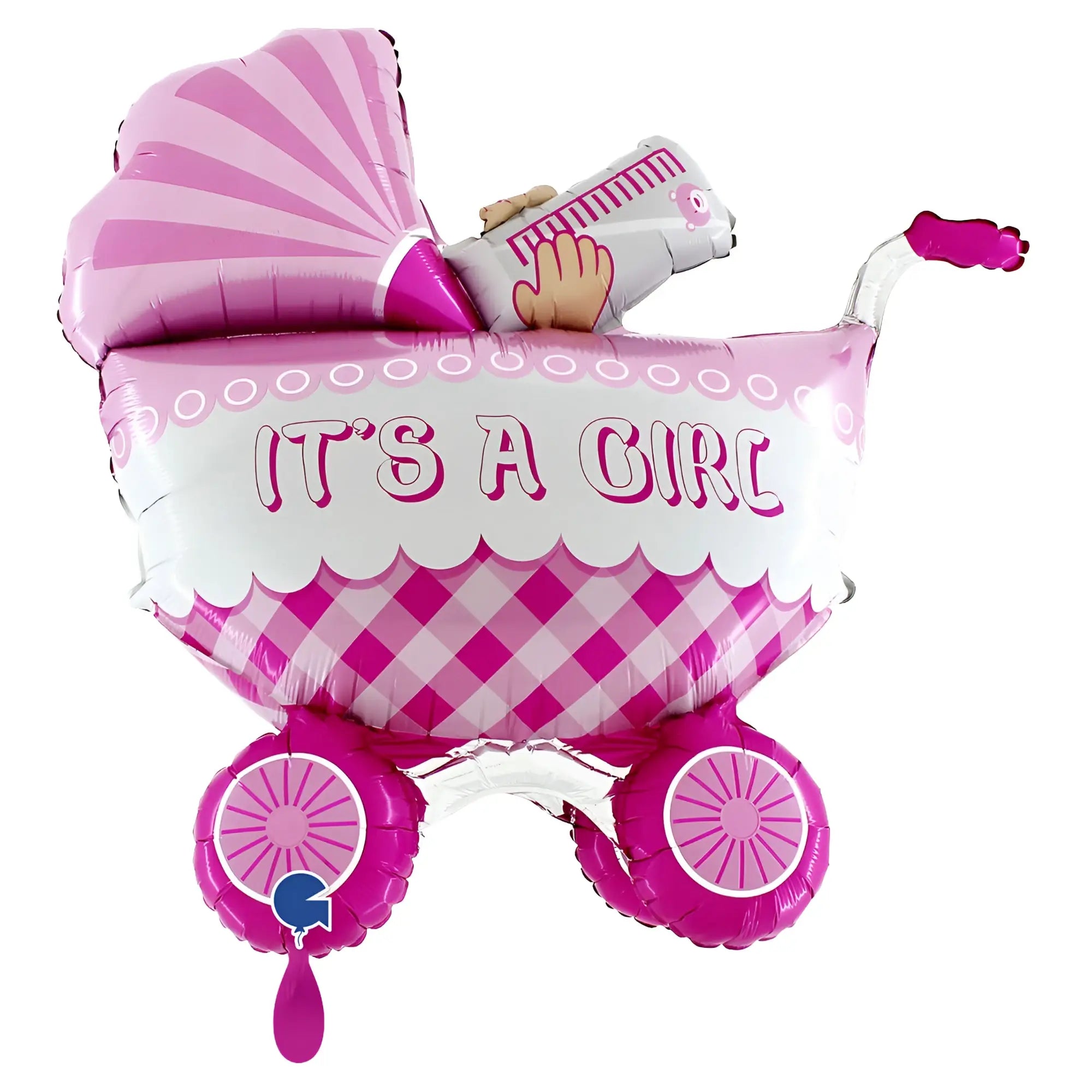 Xxl luftballon in pink und weiß in form eines kinderwagens mit karo, wellenrand und dekorativen rädern für mädchen