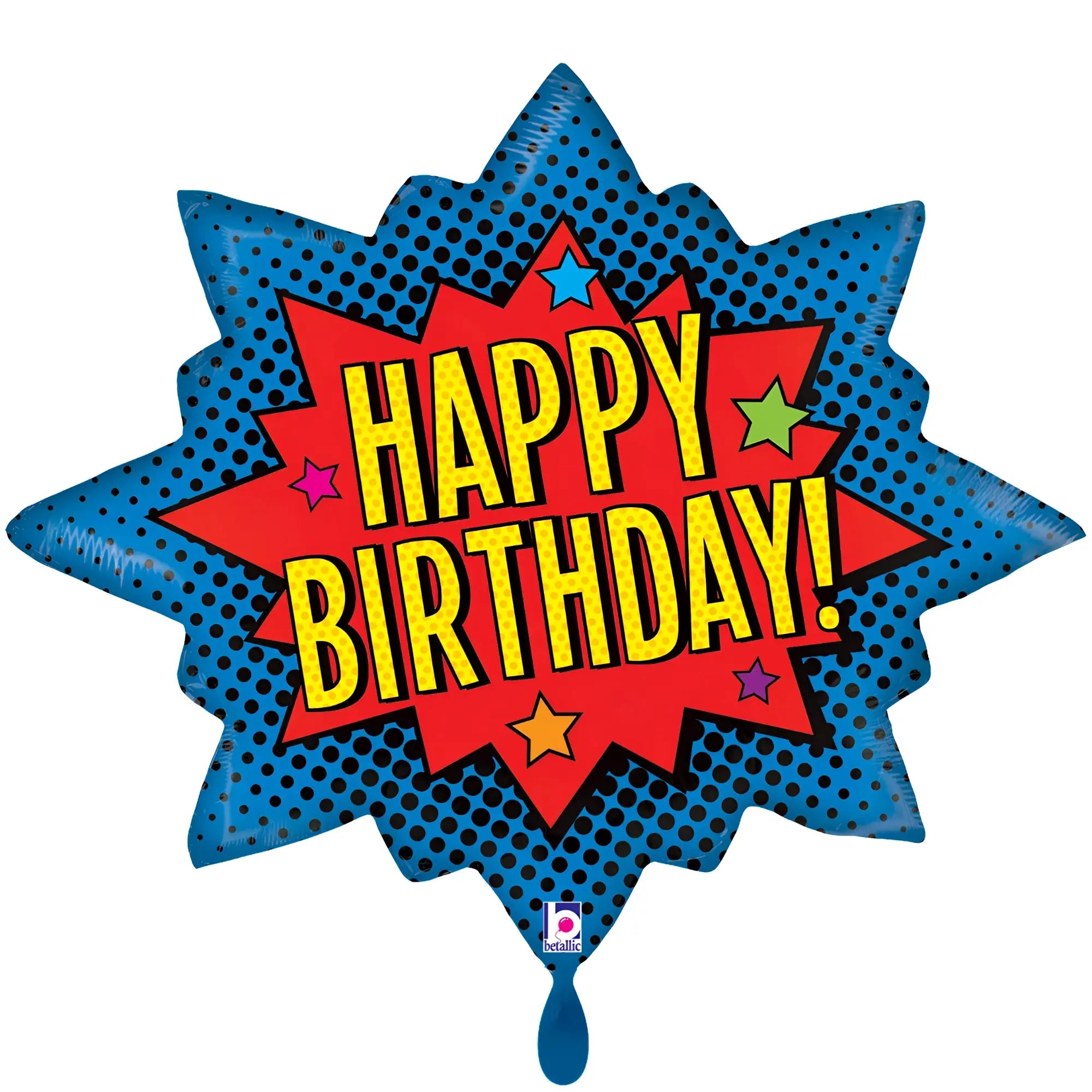 Xxl luftballon superheld geburtstag mit blauen und roten comic-style farben und fetten gelben buchstaben