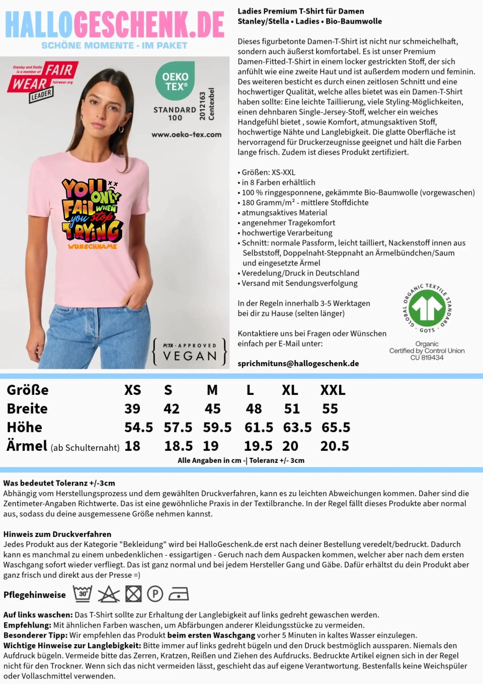 You only fail when + dein Wunschtext • Ladies Premium T-Shirt XS-2XL aus Bio-Baumwolle für Damen • Exklusivdesign • personalisiert