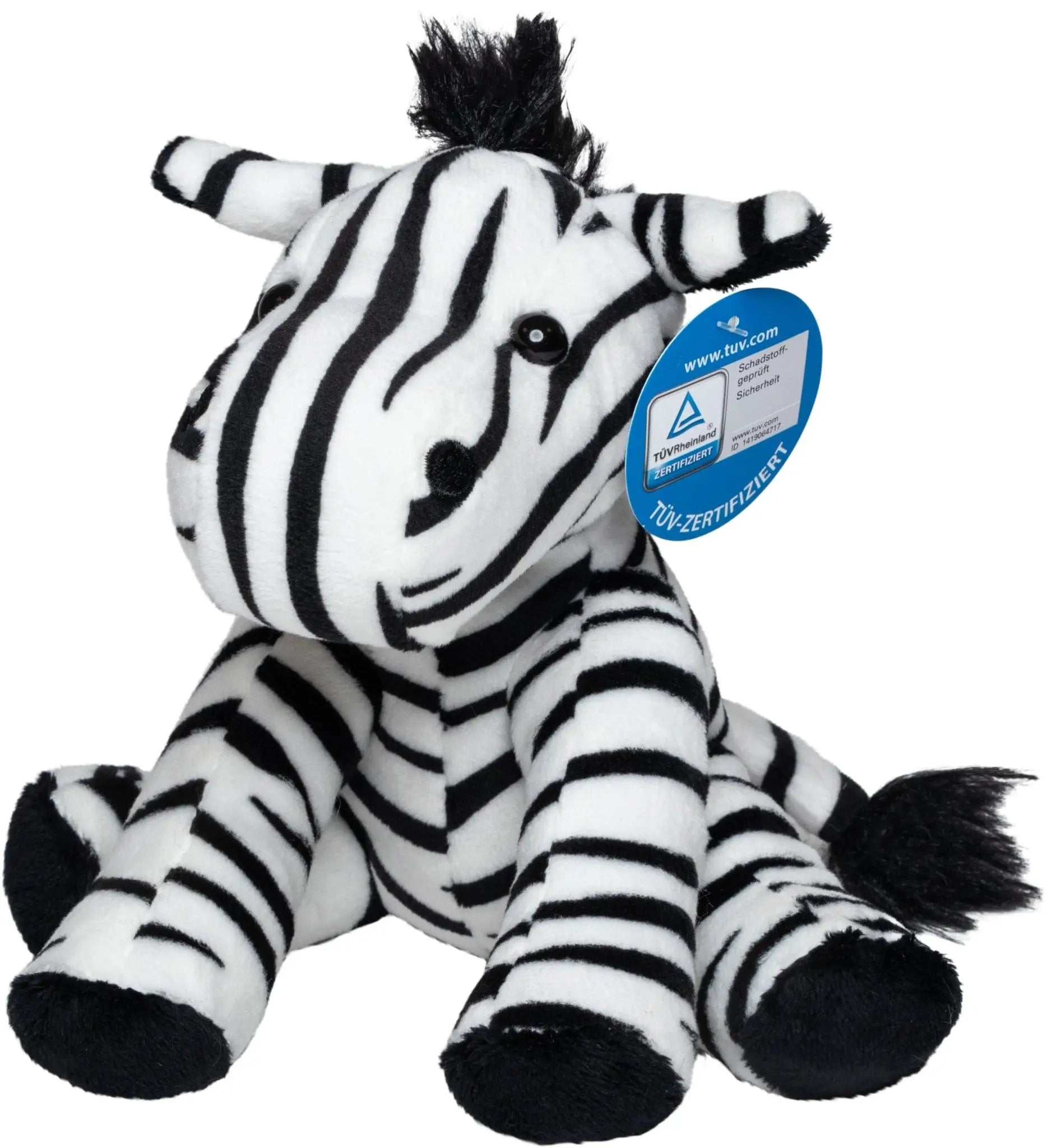 Plüsch zebra zora mit schwarz-weißen streifen, weichem stoff, gestickten augen und buschiger mähne