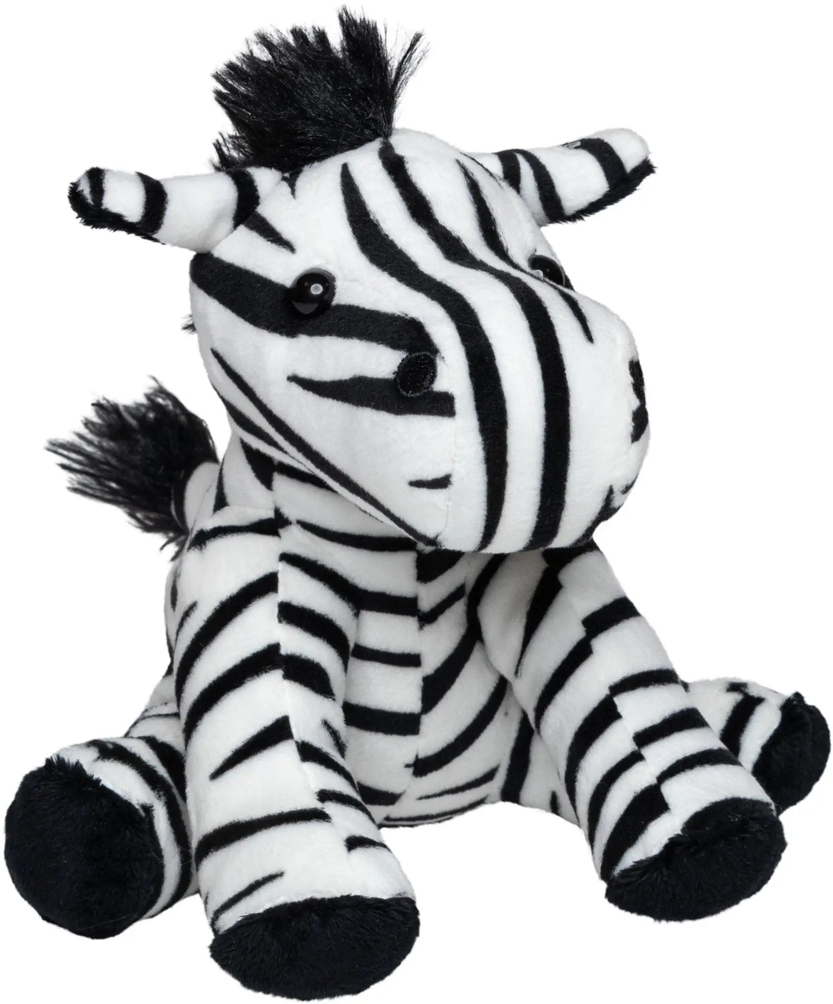 plüschtier zebra zora mit schwarz-weißen streifen, weichem stoffkörper, kleinen knopfaugen und wuschelmähne