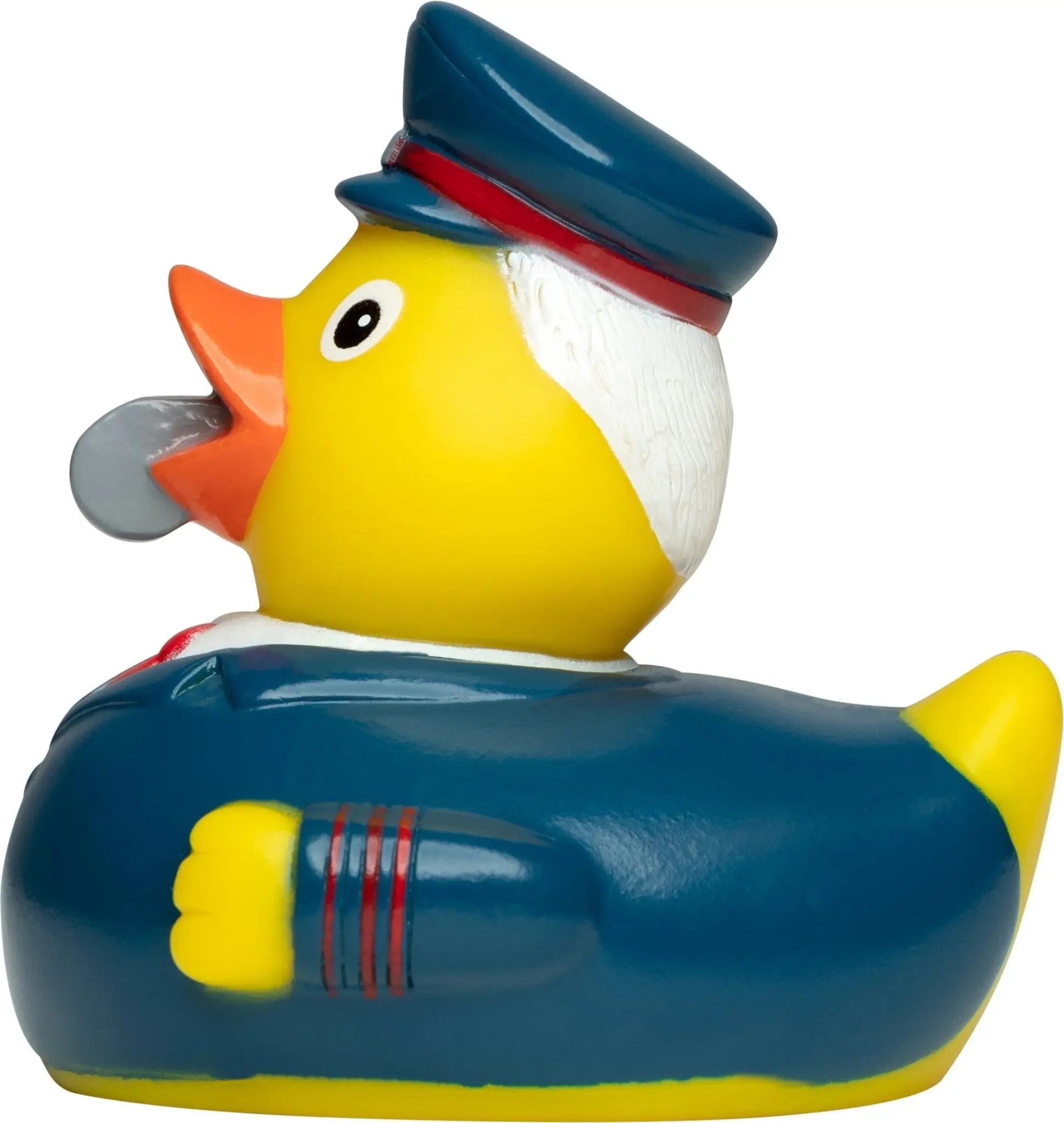 Gelbe quietscheente zugbegleiter mit blauem kapitänshut rotem rand Marine uniform und silberpfeife im schnabel