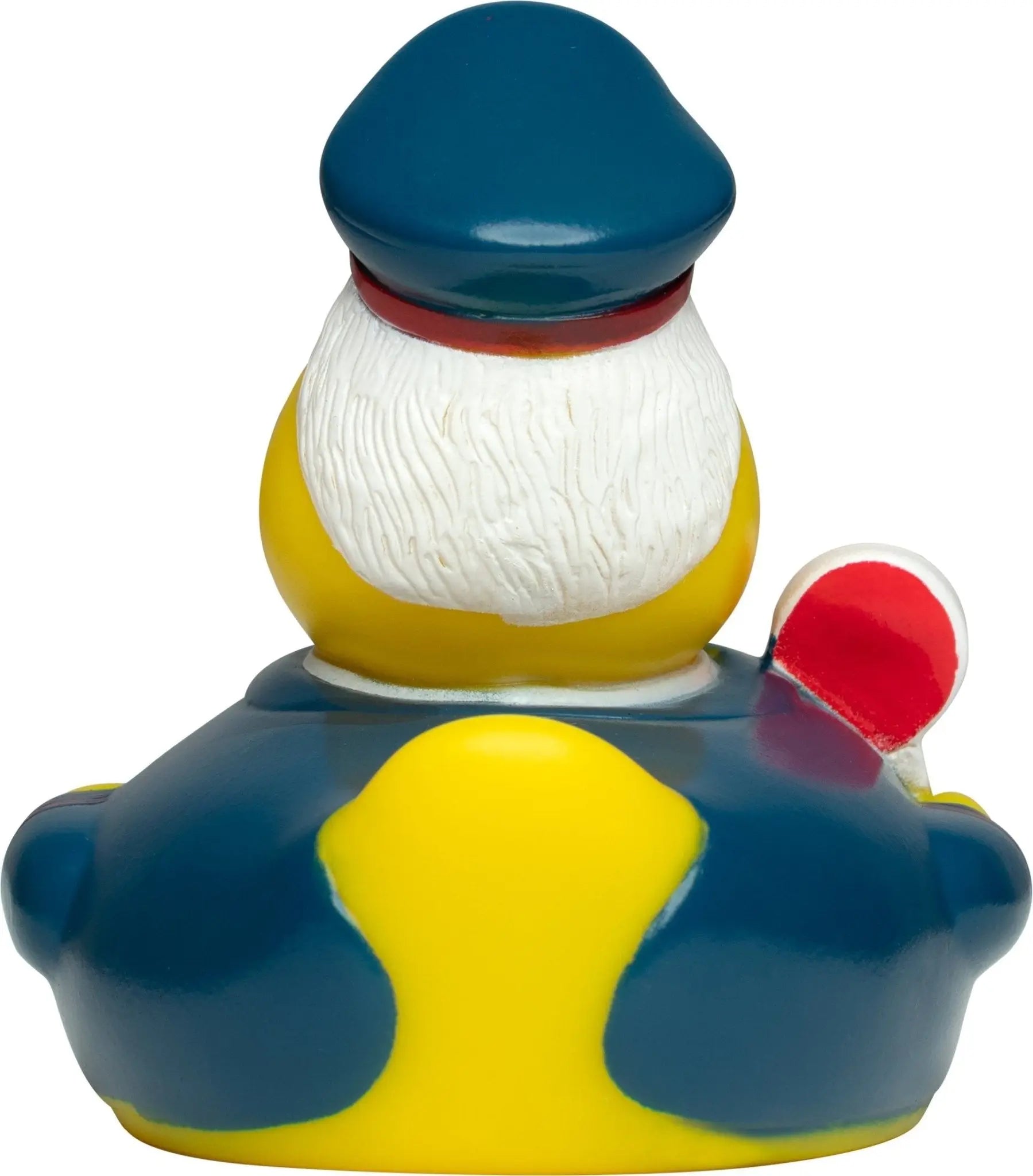 Blaue und gelbe quietscheente zugbegleiter mit weißem bart und blauer mütze mit rotem rand