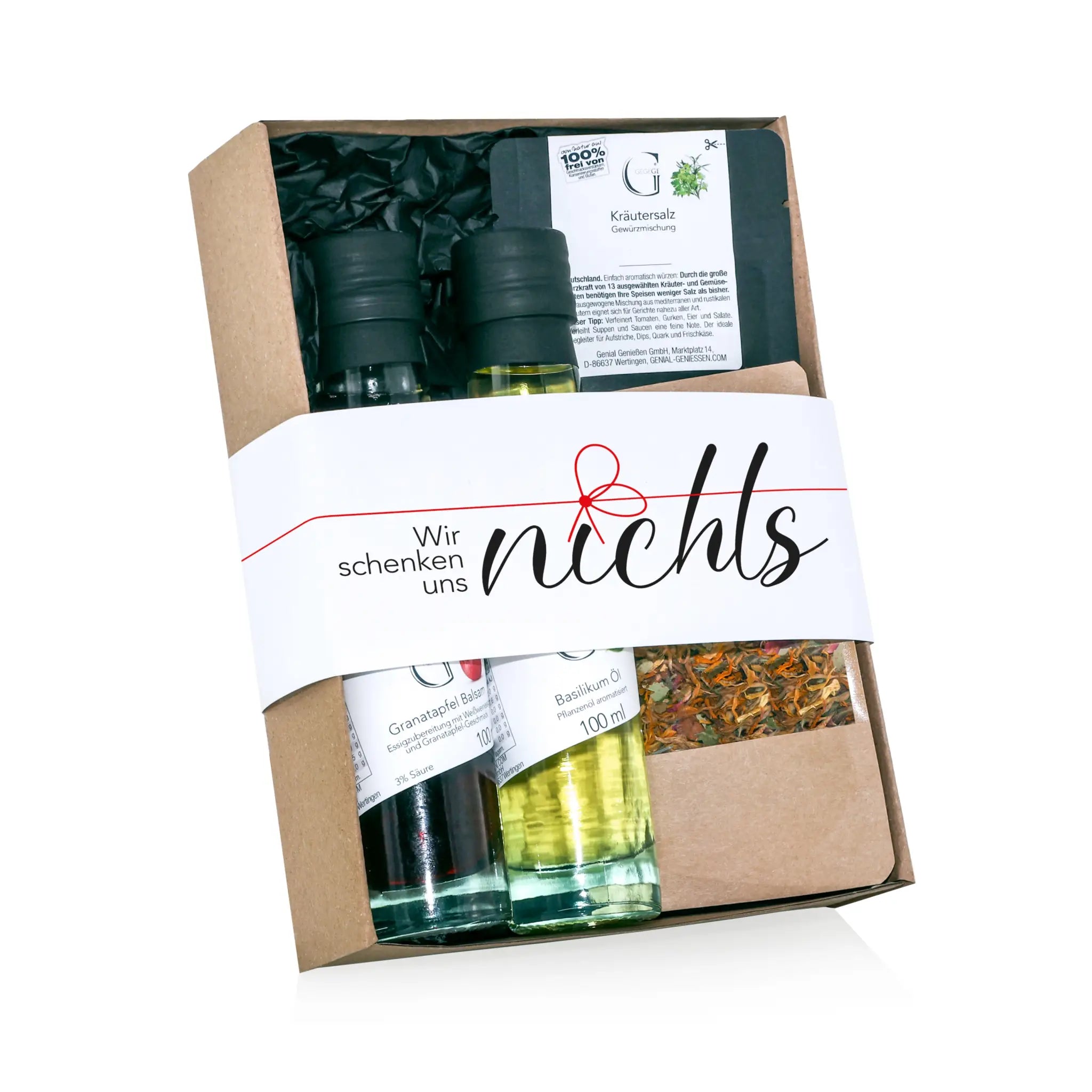 Ein geschenkset von hallogeschenk.de mit verschiedenen gourmet-gewürzen und kräutern in schwarzen glasflaschen