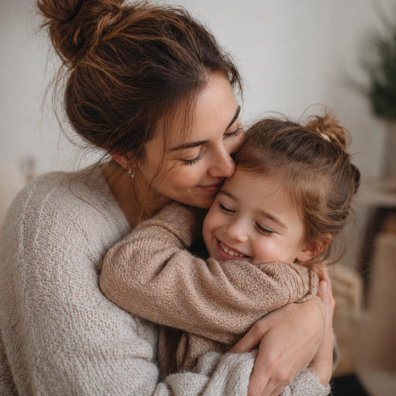 Eine lächelnde frau und ein mädchen in weißen shirts umarmen sich vor einem rosa hintergrund beste mama collection