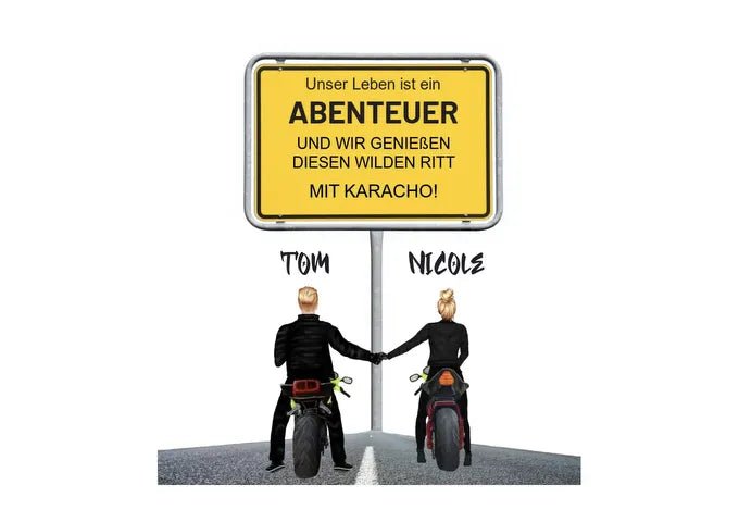 Motorrad-Couple mit Ortsschild - HalloGeschenk.de