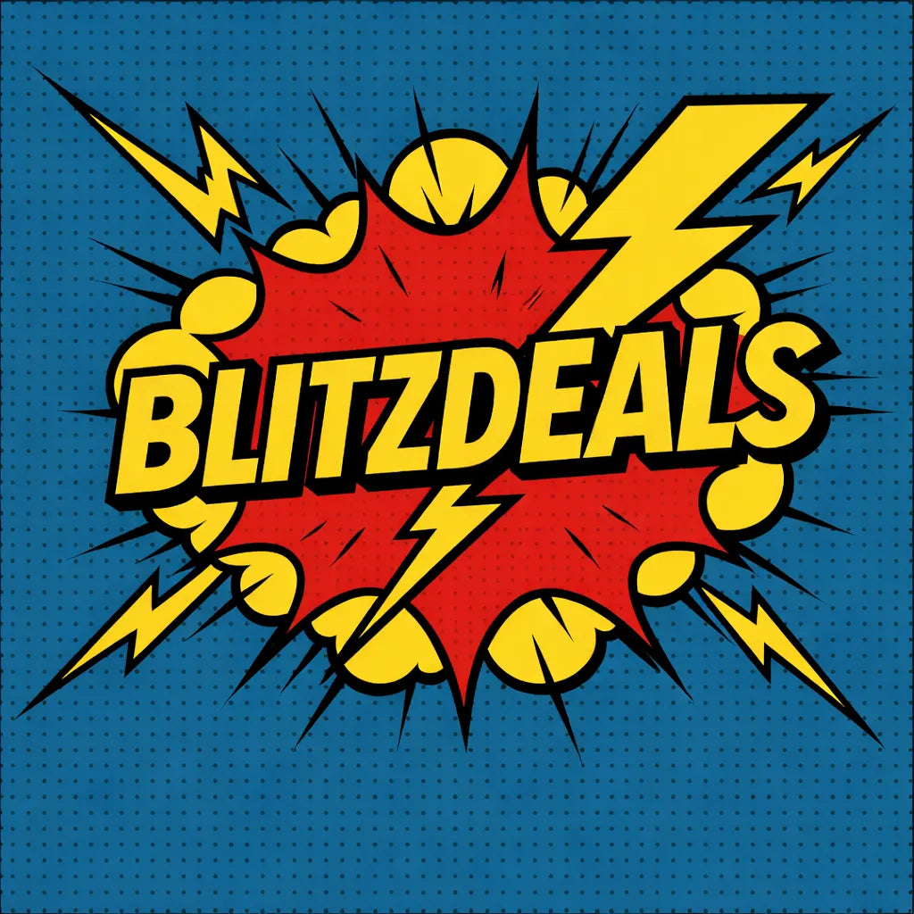 Vibranter gelber blitzdeals text im comic-stil vor roter explosion mit blitzsymbolen auf blauem hintergrund