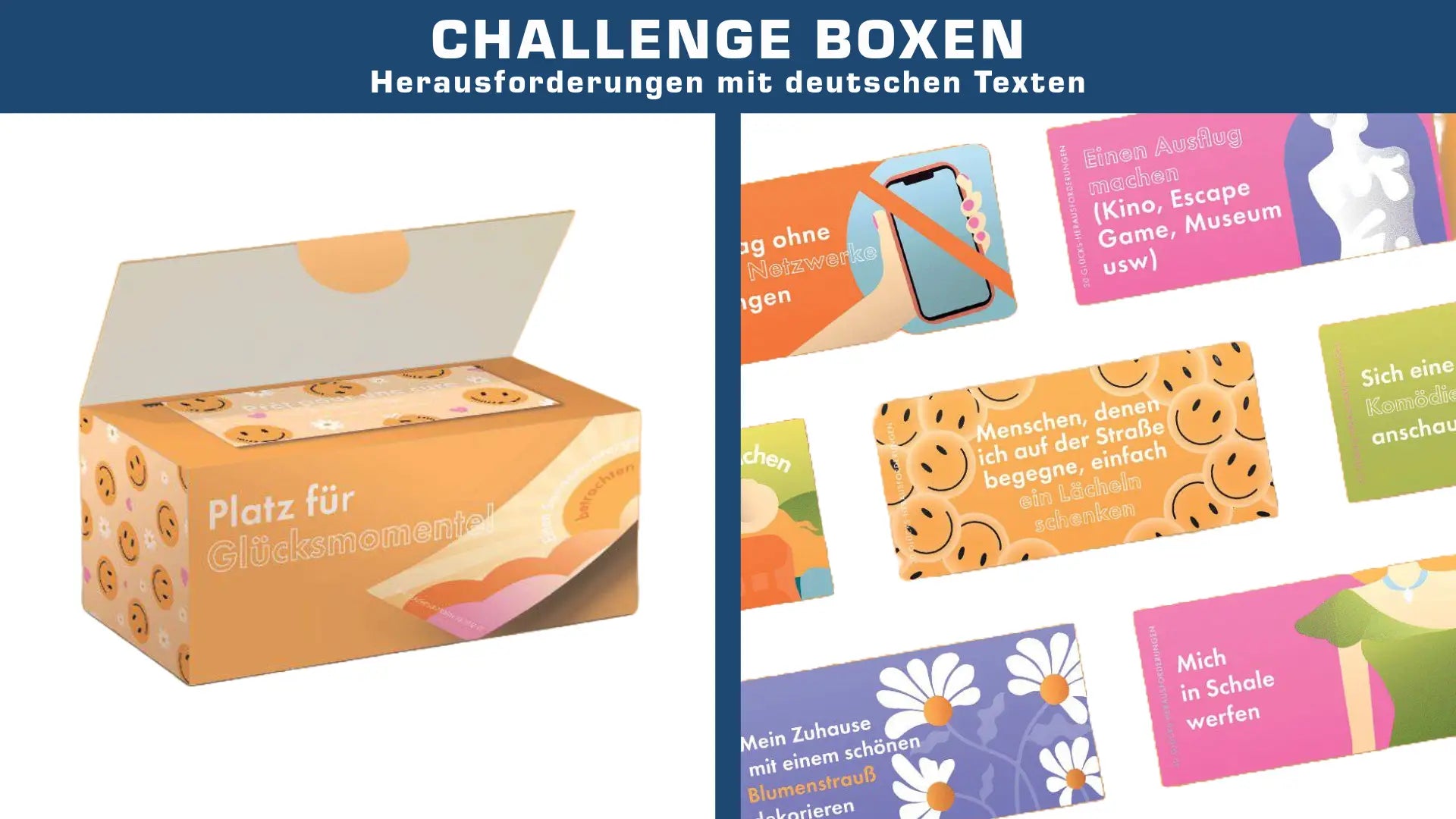 Orange papkarton box mit lächelnden gesichtsmustern und dem text platz für glücksmoment aus challenge-boxen
