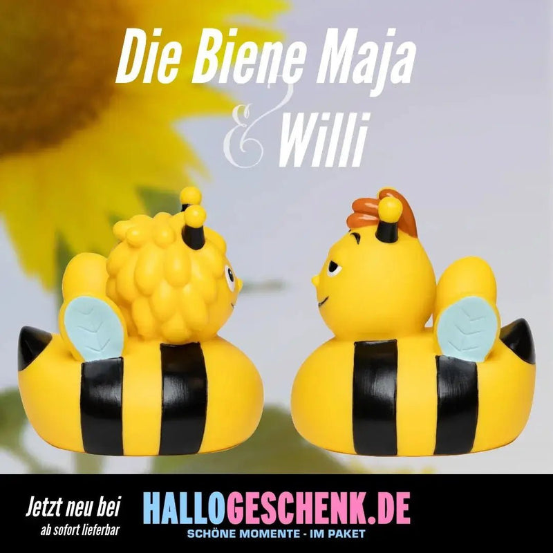 Gelbe gummibienen badebadespielzeuge mit schwarzen streifen und hellblauen flügeln aus der die biene maja kollektion