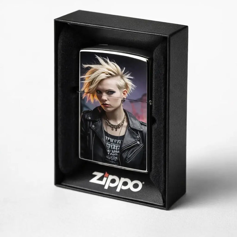 Schwarzes zippo feuerzeug mit glänzendem portrait einer punk-frau mit stacheligem blondem haar und lederjacke aus feuer und co sammlung