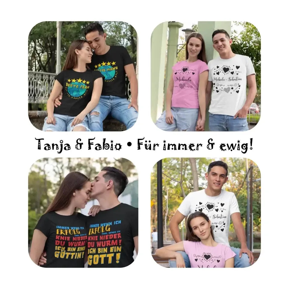 Custom entworfene kurzärmelige t-shirts in schwarz, pink und weiß mit namen, herzmotiven und deutschem text für paare