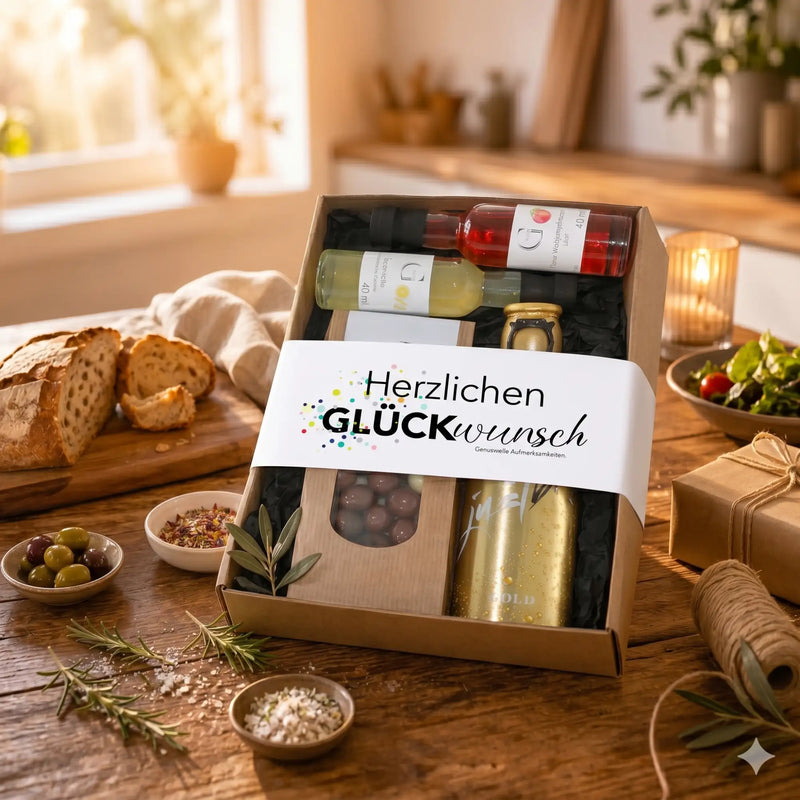 Eine rustikale braune Geschenkbox aus Karton mit einem weißen Etikett, auf dem „herzlichen Glückwunsch“ steht, und die verschiedene hochwertige Leckerbissen enthält, darunter Weinflaschen, Oliven und eine goldfarbene Dose.