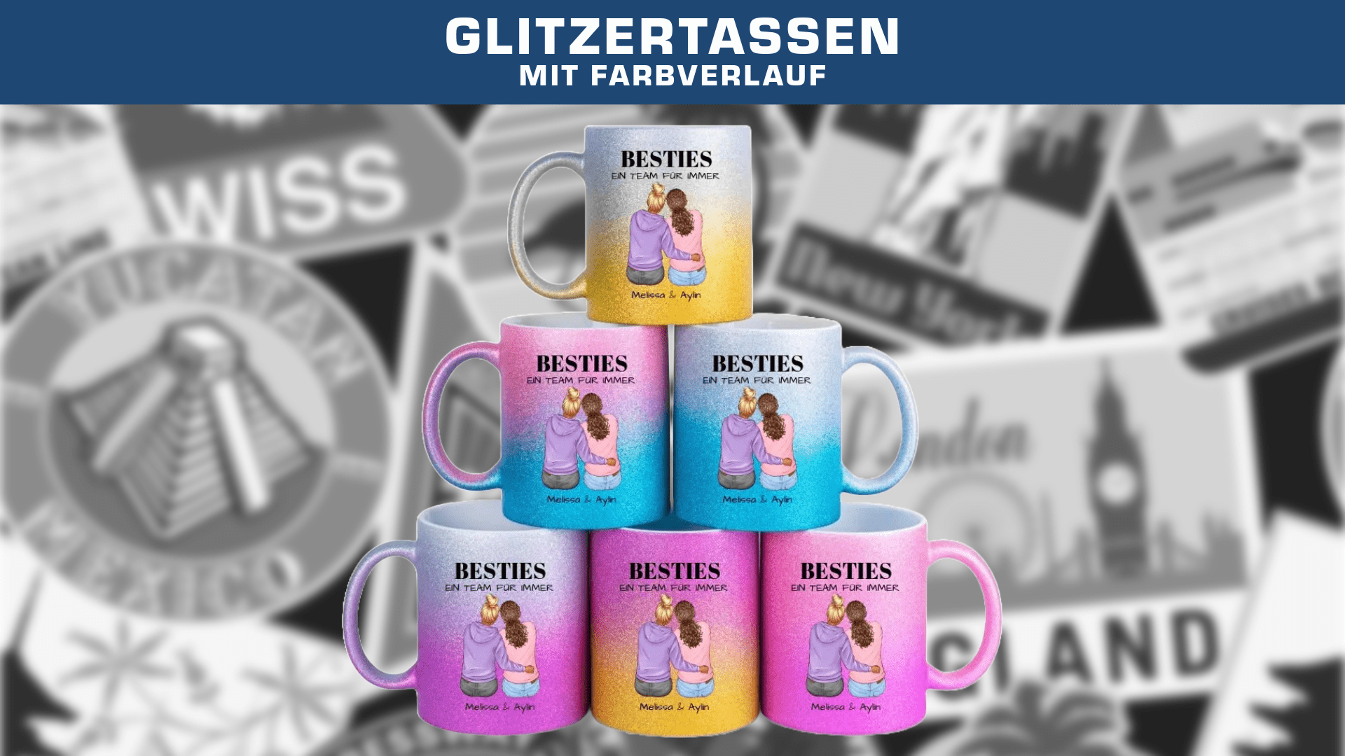 Glitzertassen mit Farbverlauf - HalloGeschenk.de