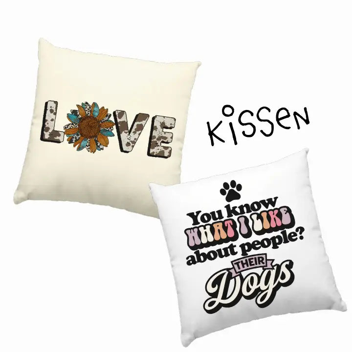 Creamfarbener kissenkissen mit liebe in rustikalem schriftzug und bestickter sonnenblume als o im kissen set