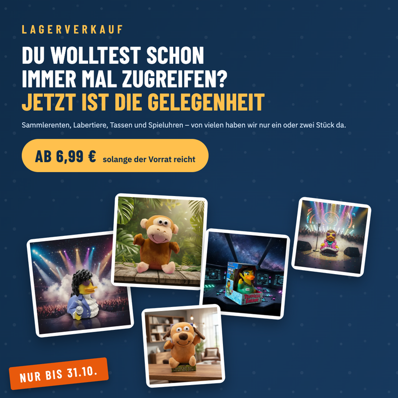 Lagerverkauf bei HalloGeschenk.de – Sammlerenten, Labertiere und Tassen ab 6,99 Euro, nur bis 31.10.