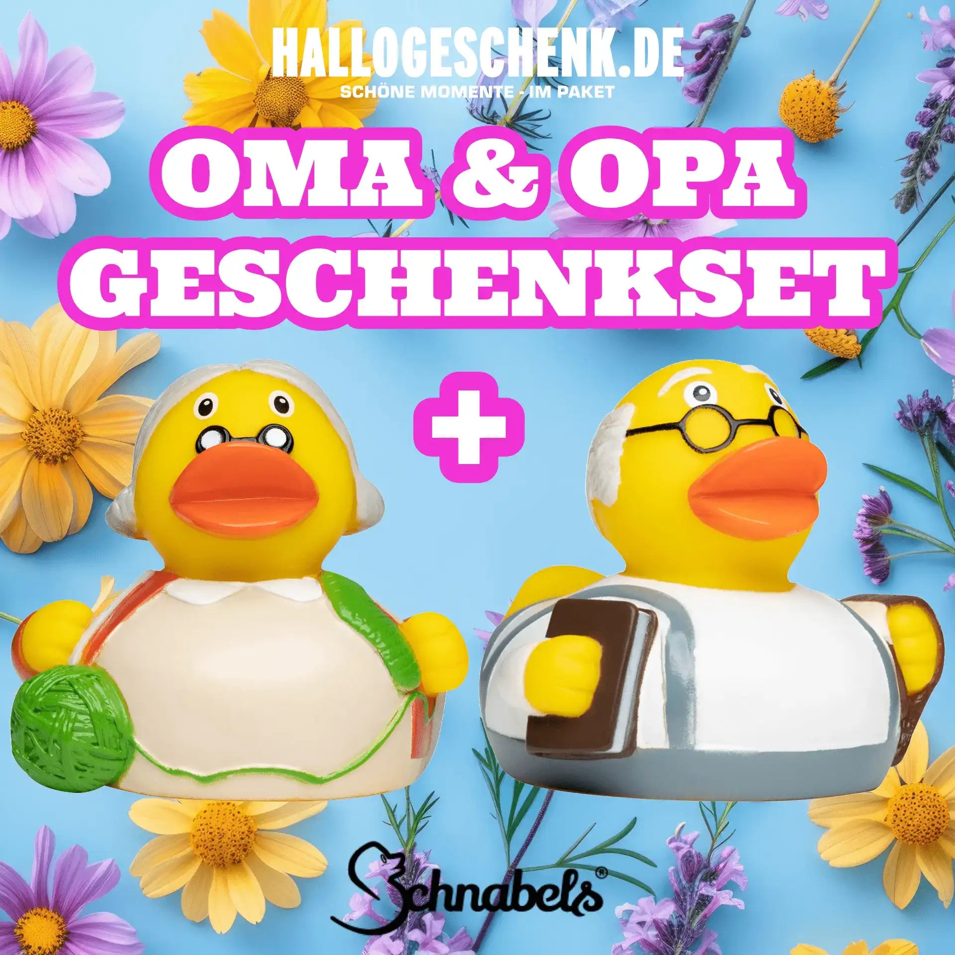 Bundle oma und opa badeenten gummienten gelb mit grüner wolle und buch als niedliches geschenkset