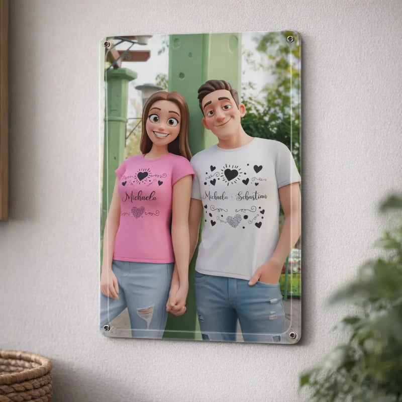 Personalisierte acryl wandkunst mit cartoon paar in rosa und weißen t-shirts mit herzmotive aus der sammlung personalisierte blechschilder