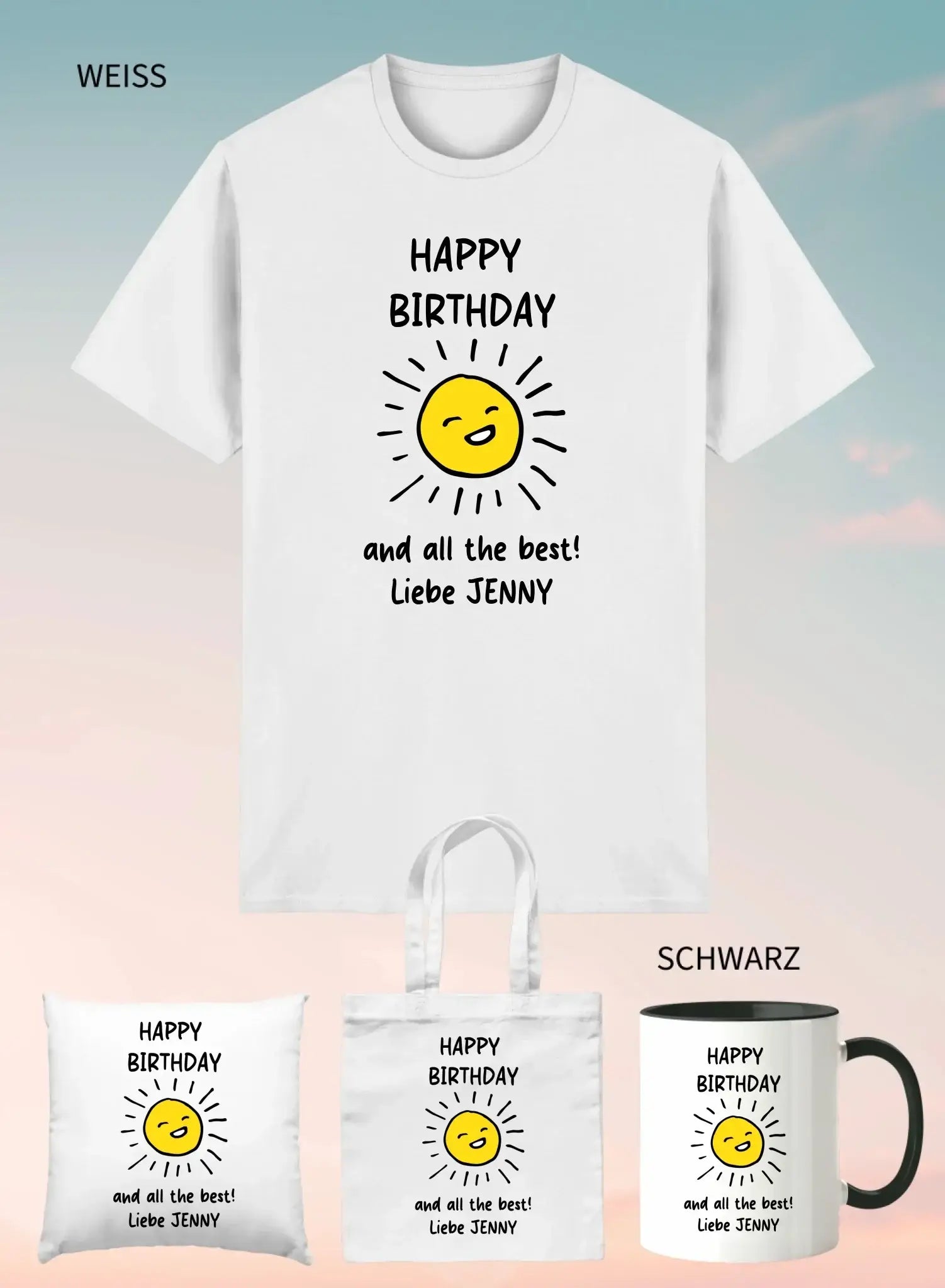 Weißes baumwoll t shirt mit fröhlicher gelber sonne und text happy birthday und all the best liebe jenny aus personalisierte geschenksets