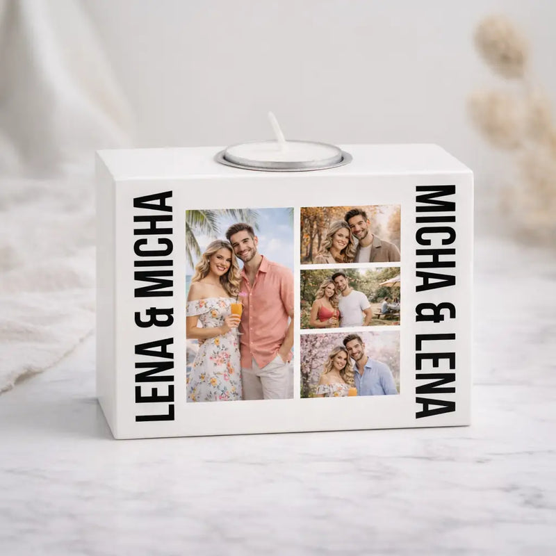 Weißer rechteckiger fototeelichthalter mit schwarzem personalisiertem text und vier fotos eines paars