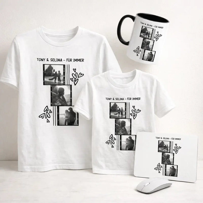 Weiße baumwoll t-shirt mit schwarz-weiß fotocollage design und text tony & selima für immer aus der statement-collection