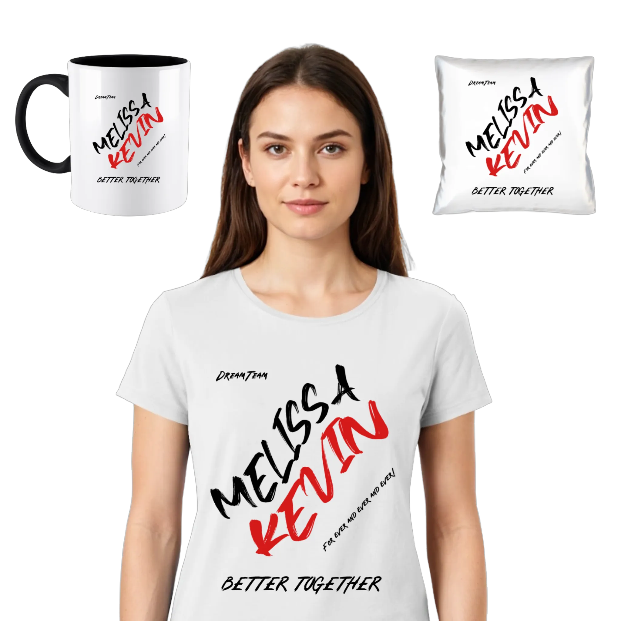 Weißes baumwoll-t-shirt mit melissa kevin in fetter schwarzer und roter schrift und dem slogan better together