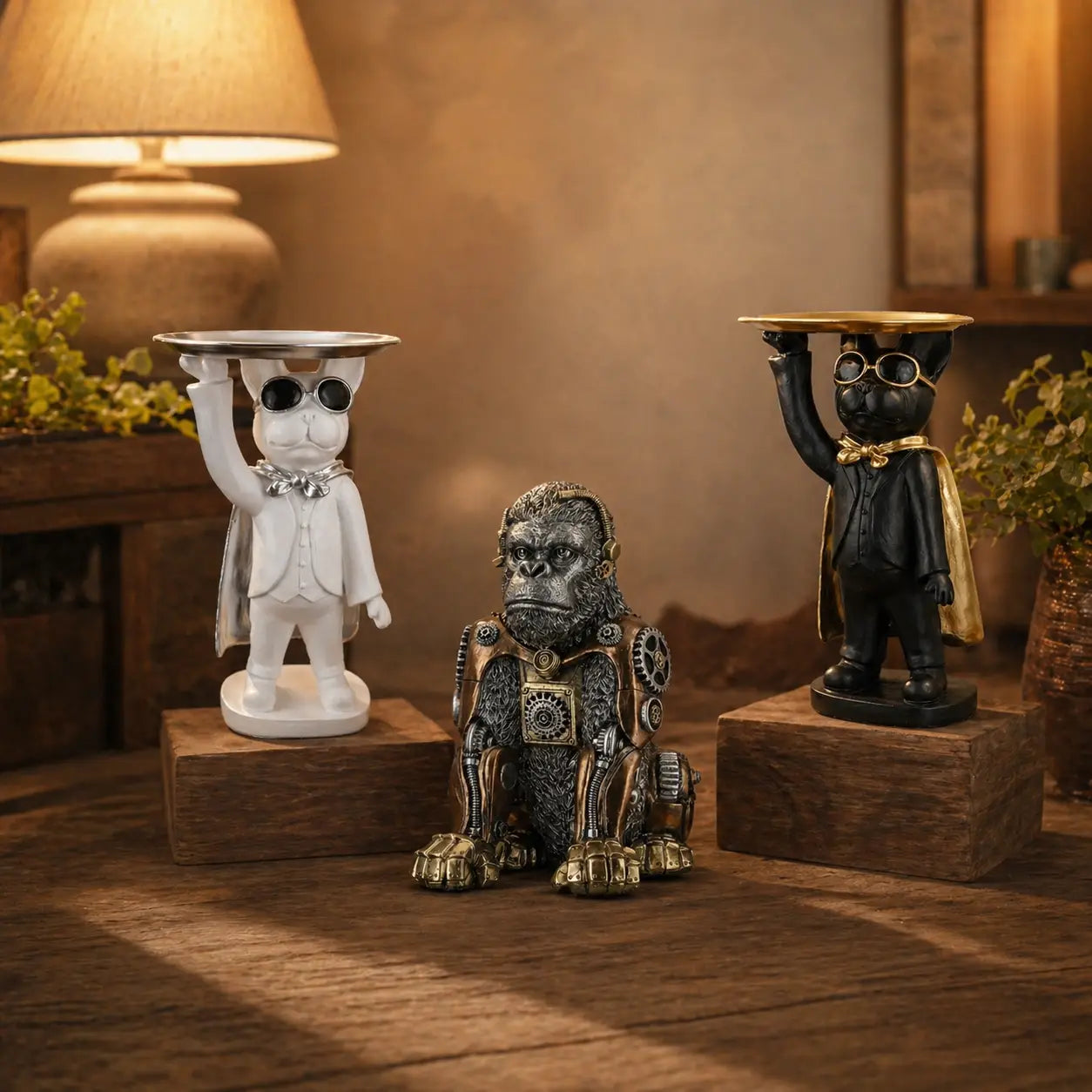 Steampunk gorillaskulptur mit silbernen und messingfarbenen metallakzenten trägt schutzbrille und mechanische weste aus tierskulpturen sammlung