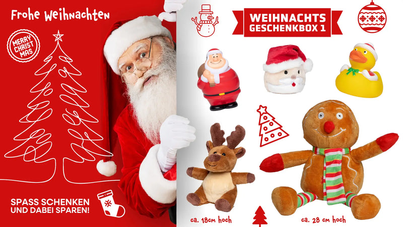 Rotes und weißes weihnachtsmann plüschtier mit langem bart und brille in traditionellem anzug aus der weihnachtsgeschenkboxen sammlung