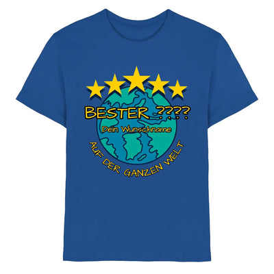 Royal blaue baumwoll t shirt mit cartoon globus und fünf gelben sternen sowie text bester dein wunschname auf der ganzen welt