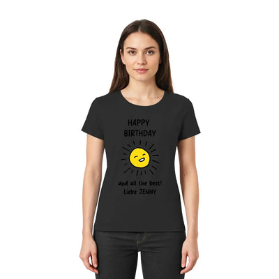 Schwarzes kurzarm t shirt mit gelber lachender sonne und schwarzem text happy birthday liebe jenny geburtstag motiv 1