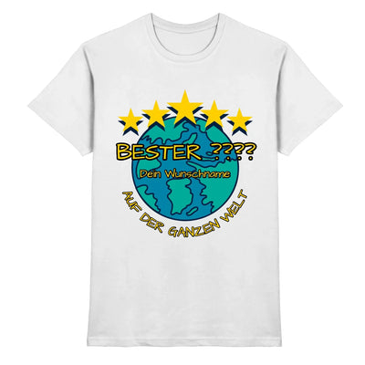 Weißes baumwoll t-shirt mit Petrolfarben globus und fünf gelben sternen plus personalisierbarem deutschem text