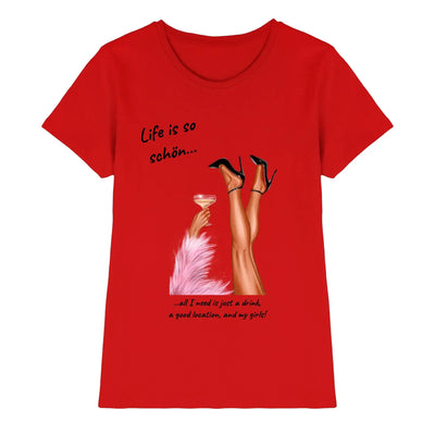 Rote damen kurzarmshirt mit grafik party-beine schwarze highheels cocktail und text aus der statement-collection