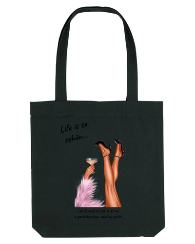 Schwarze canvas tote bag mit grafik von beinen in high heels cocktail und pinkem federboa mit text life is so schön