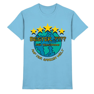 Hellblaues baumwollshirt mit cartoon globe, fünf gelben sternen und deutschem text bester ??? dein wunschname auf der ganzen welt