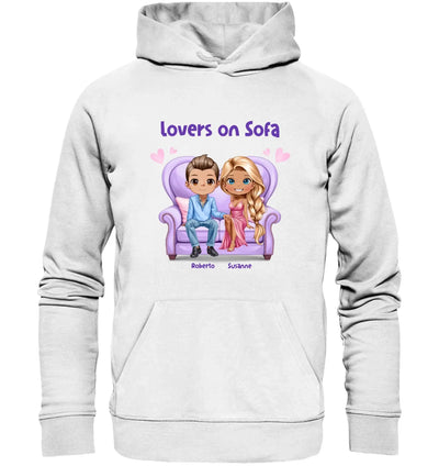 Weißer hoodies mit buntem cartoon von zwei liebenden auf lila sofa und text lovers on sofa personalisiert