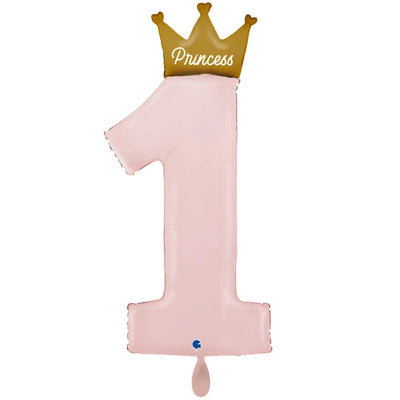 Pink luftballon nummer eins mit goldener krone und weißem prinzessin schriftzug für erstgeburtstag