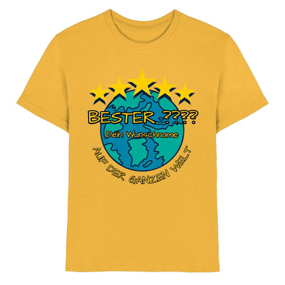 Gelbes kurzarmshirt mit cartoon erdkugel und fünf sternen plus bester text in fetter schrift aus statement-collection