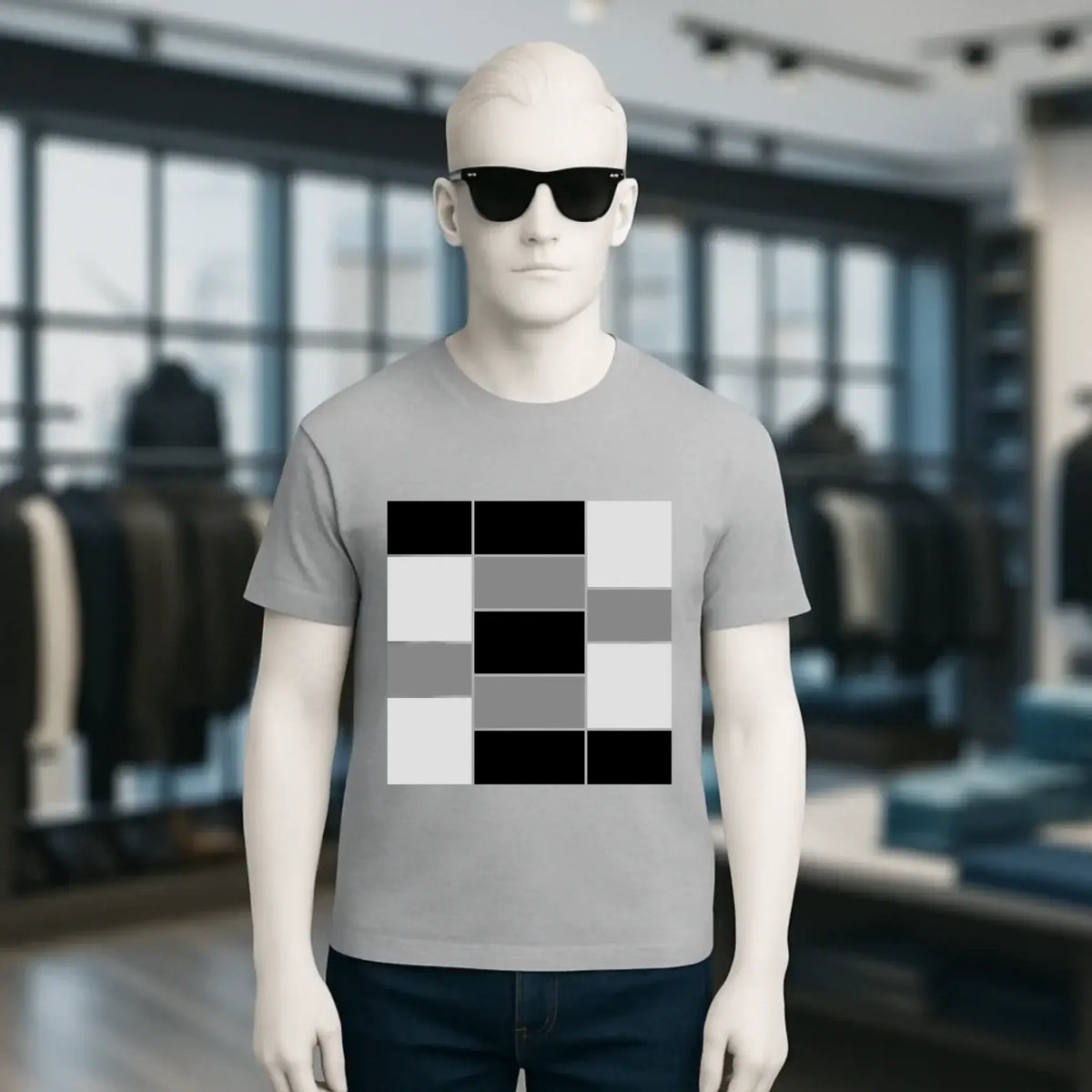 Graues unisex premium bio baumwoll t shirt mit kurzarm und auffälligem schwarz weiß grau geometrischem gittermuster