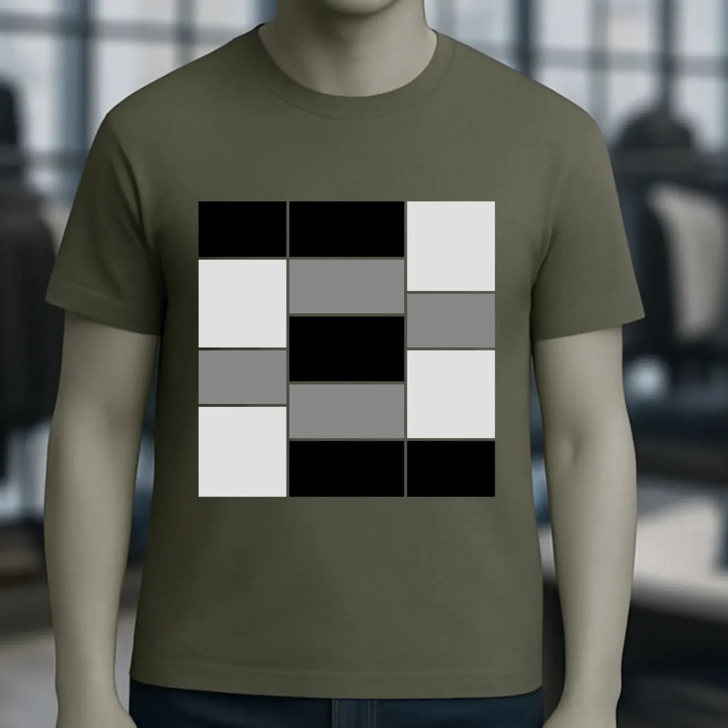 Olivegrünes unisex premium t-shirt aus bio-baumwolle mit mutigem geometrischem muster aus schwarzen weißen und grauen quadraten