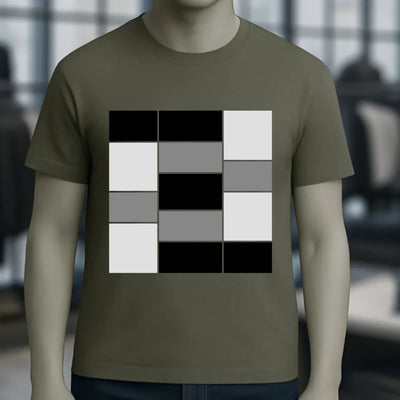 Olivegrünes unisex premium t-shirt aus bio-baumwolle mit mutigem geometrischem muster aus schwarzen weißen und grauen quadraten