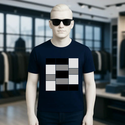 Marine blaues unisex premium t shirt aus bio baumwolle mit geometrischem pixel muster in schwarz weiß grau am brustbereich