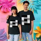 Schwarzes unisex bio baumwolle t-shirt mit pixelart collage in weiß und grau für damen und herren
