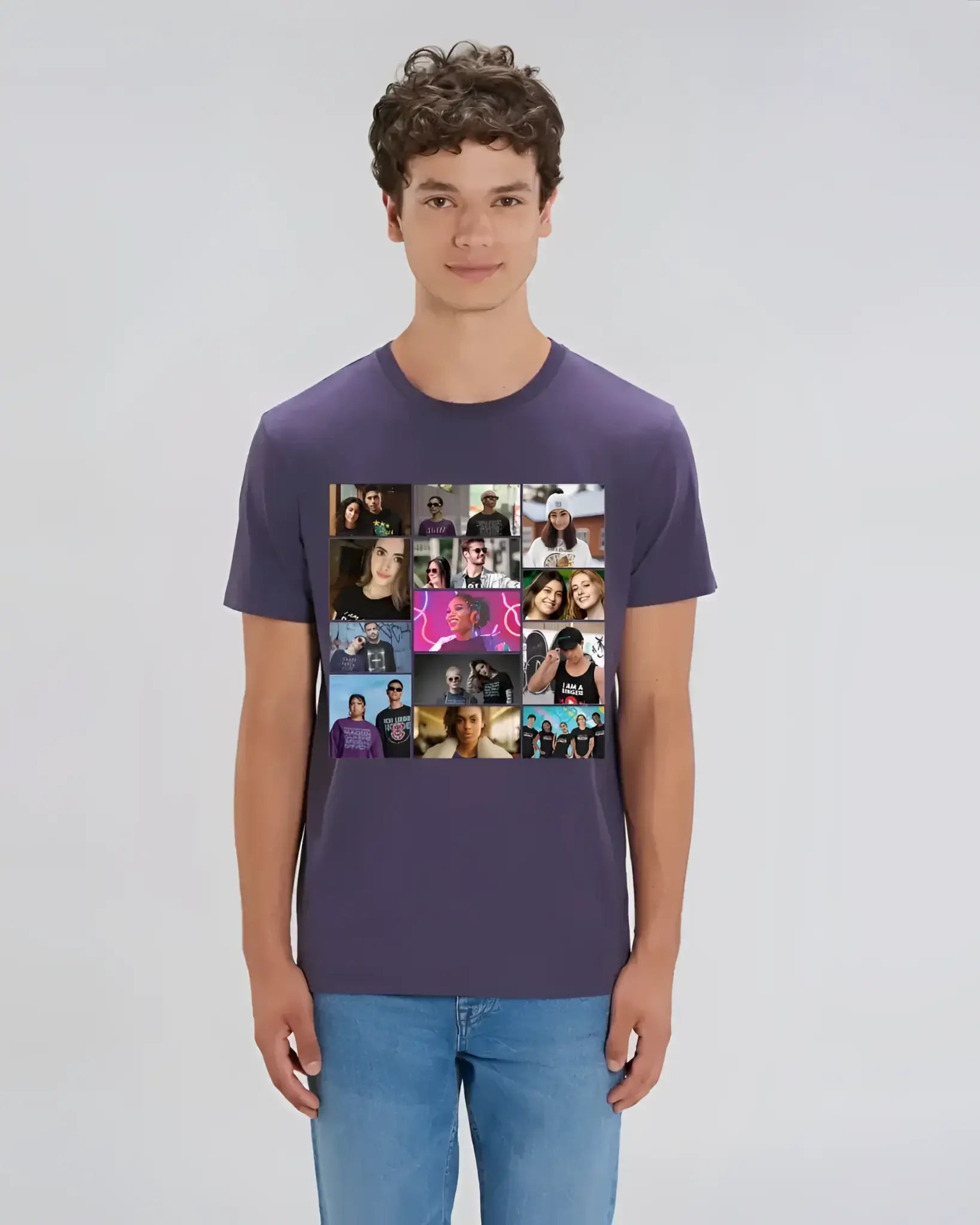 Lila unisex bio baumwolle t shirt mit kurzem arm und buntem 13 bilder collage fotodruck in größen xs bis 5xl