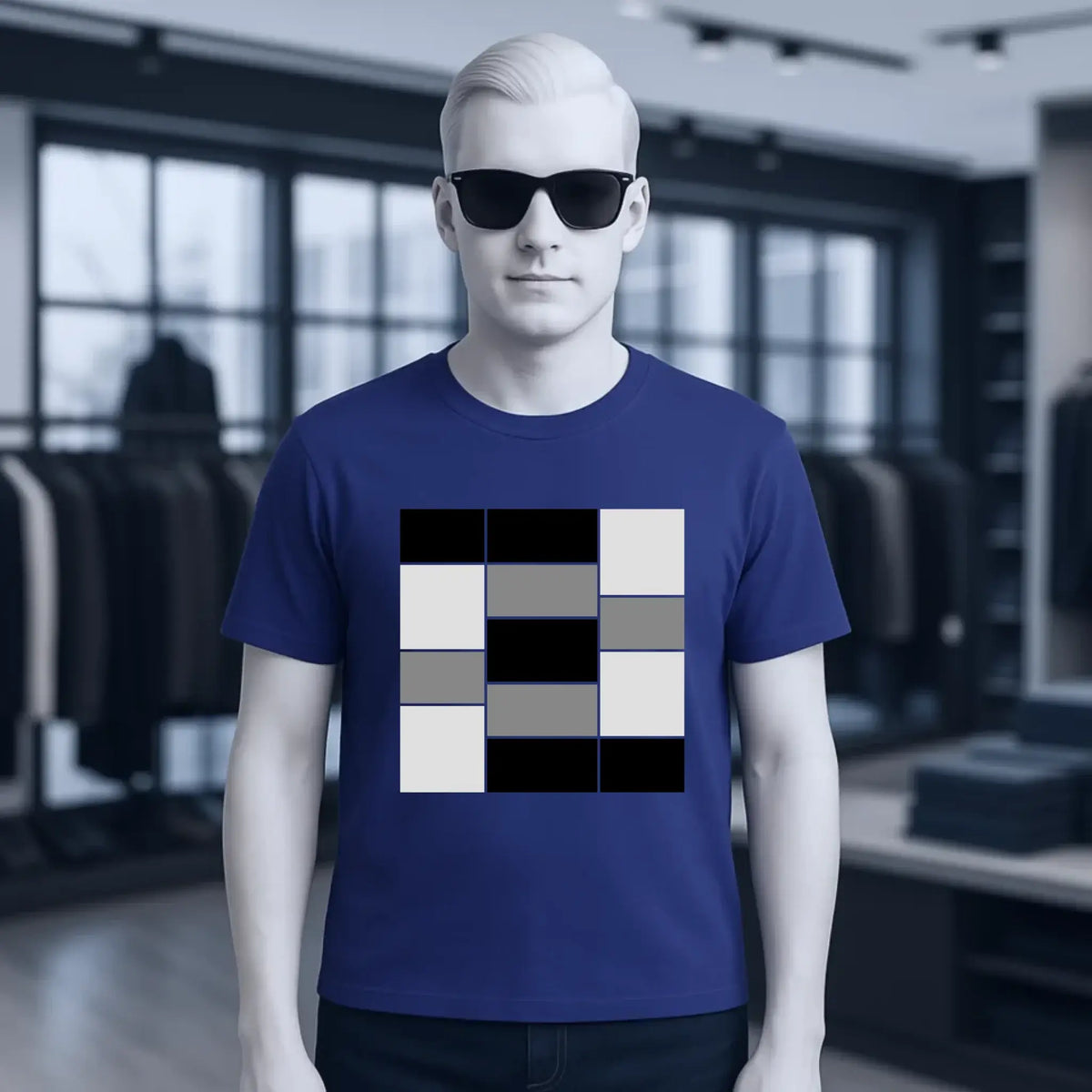 Navyblaues unisex premium t shirt aus bio baumwolle mit kurzem arm und geometrischem karomuster auf der brust