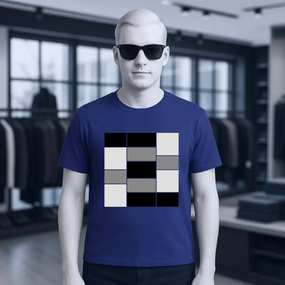 Navyblaues unisex premium t shirt aus bio baumwolle mit kurzem arm und geometrischem karomuster auf der brust