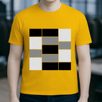 Ein gelbes unisex bio baumwolle t shirt mit kurzem arm und geometrischem schwarz weiß grau muster in collage style
